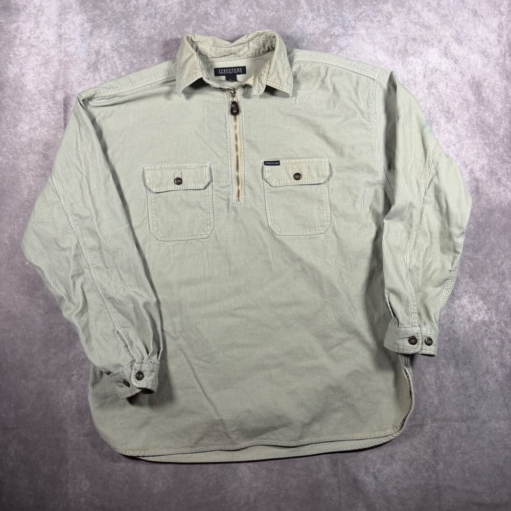 Vintage 90s Structure Men L Corduroy Quarter Zip Pullover Shirt Light Sage Green